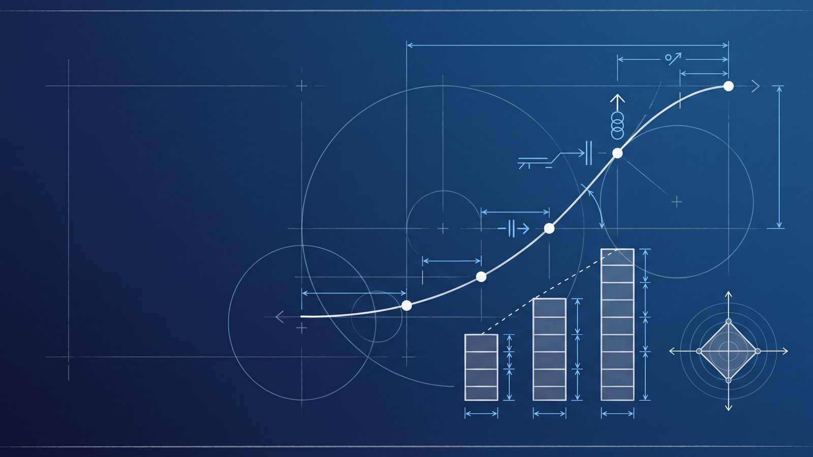 Technical blueprint drawing of a commission plan: payout curve, quota tiers and a four-axis radar